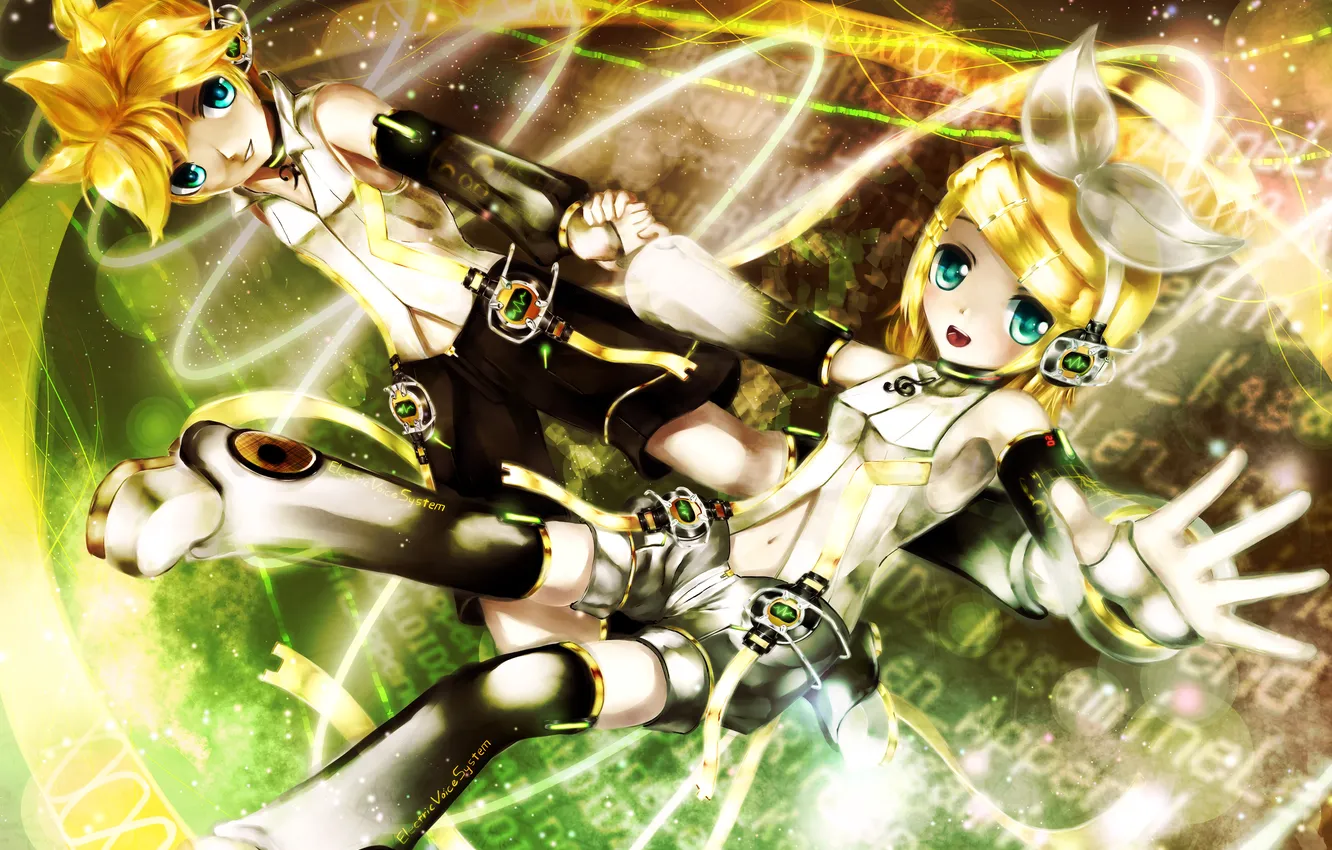 Photo wallpaper boy, headphones, art, girl, vocaloid, kagamine rin, Vocaloid, kagamine len