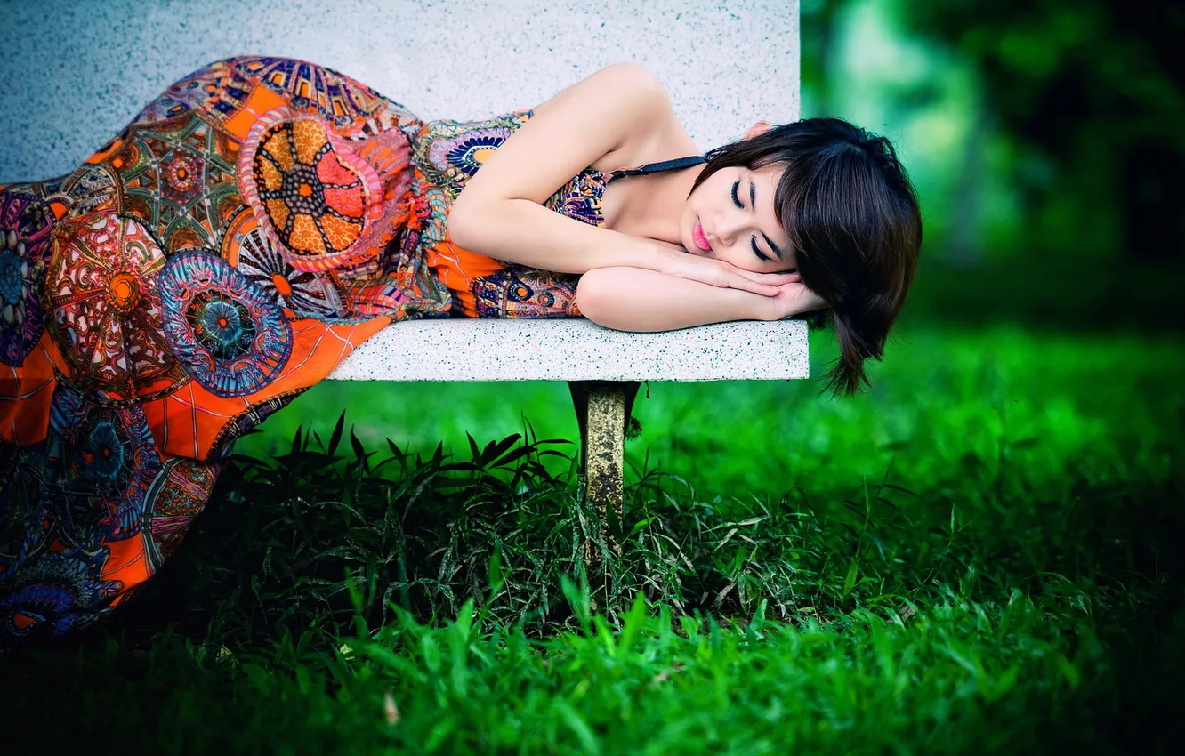 Photo wallpaper girl, Asian, bench