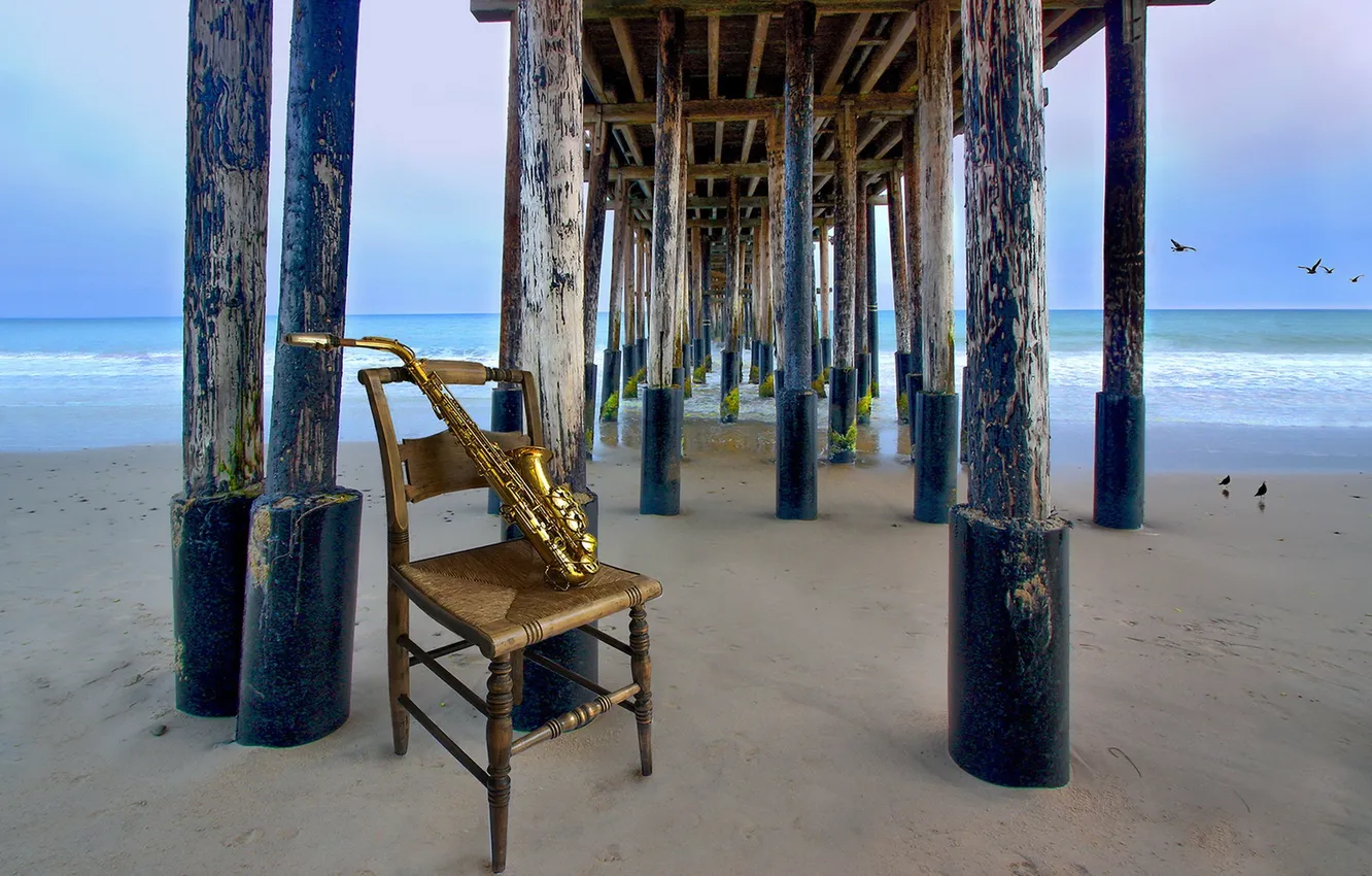 Photo wallpaper sea, bridge, saxophone