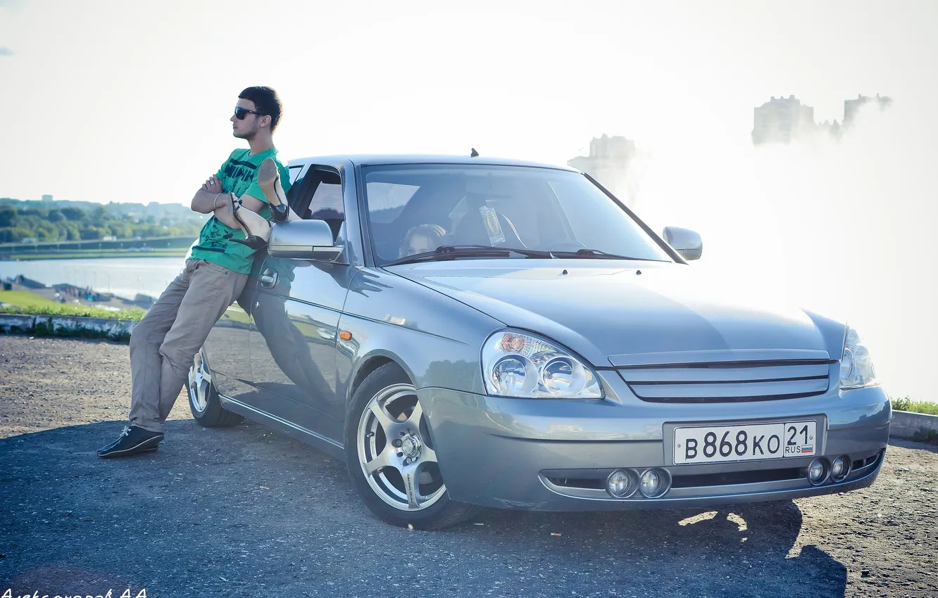 Photo wallpaper machine, auto, summer, male, legs, Lada, auto, Priora
