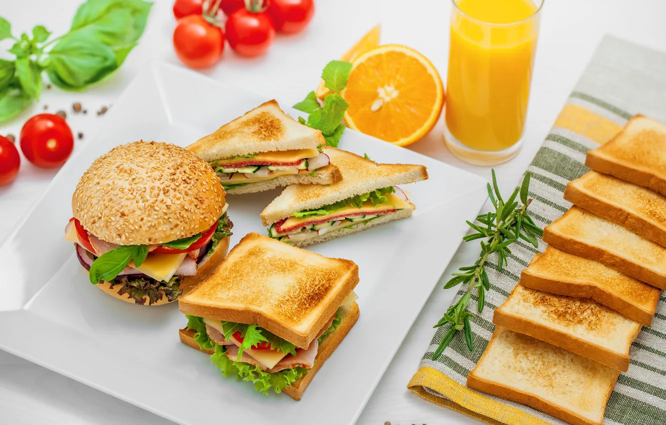Photo wallpaper cheese, juice, sandwich, tomato, mint, sandwich, salad, rosemary