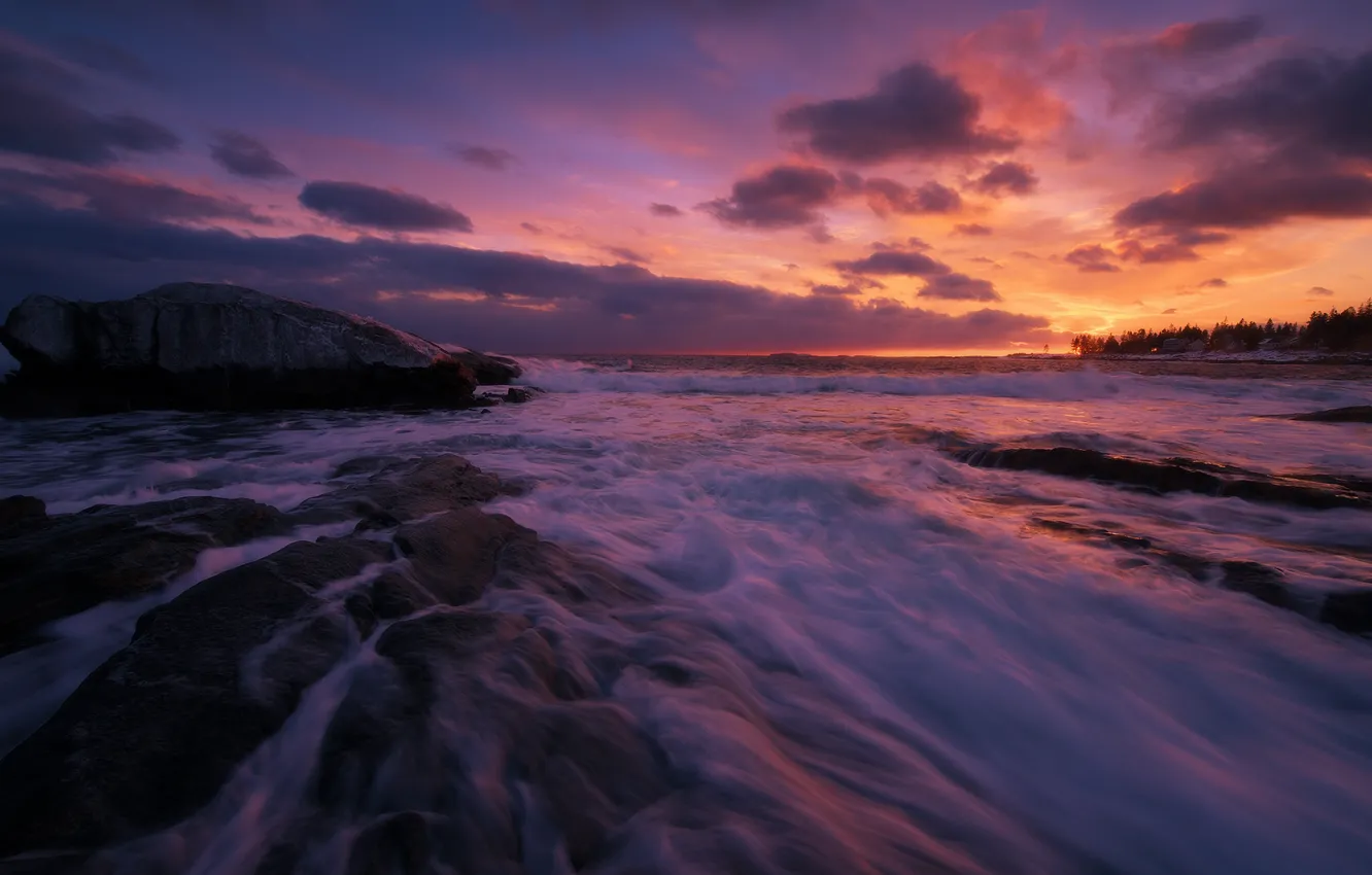 Photo wallpaper waves, rock, coast, sunset