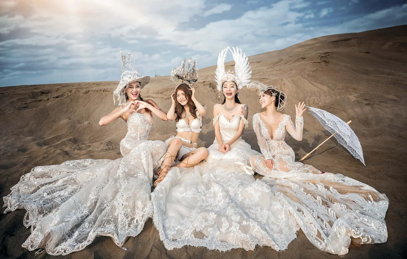 Photo wallpaper sand, white, beach, the sky, look, girl, clouds, decoration