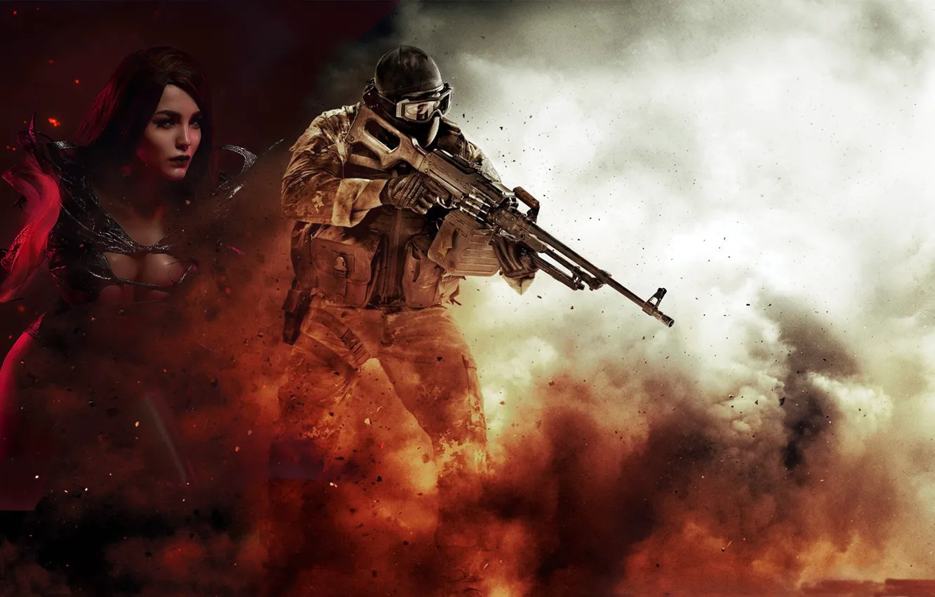 Photo wallpaper girl, background, magic, smoke, explosions, male, machine gun, ammunition