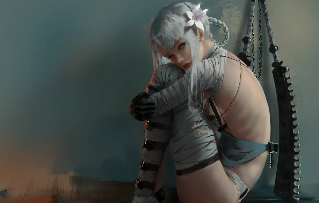 Photo wallpaper sadness, look, girl, Girl with guns, posture sitting, the watercolor drawing, girl drawing