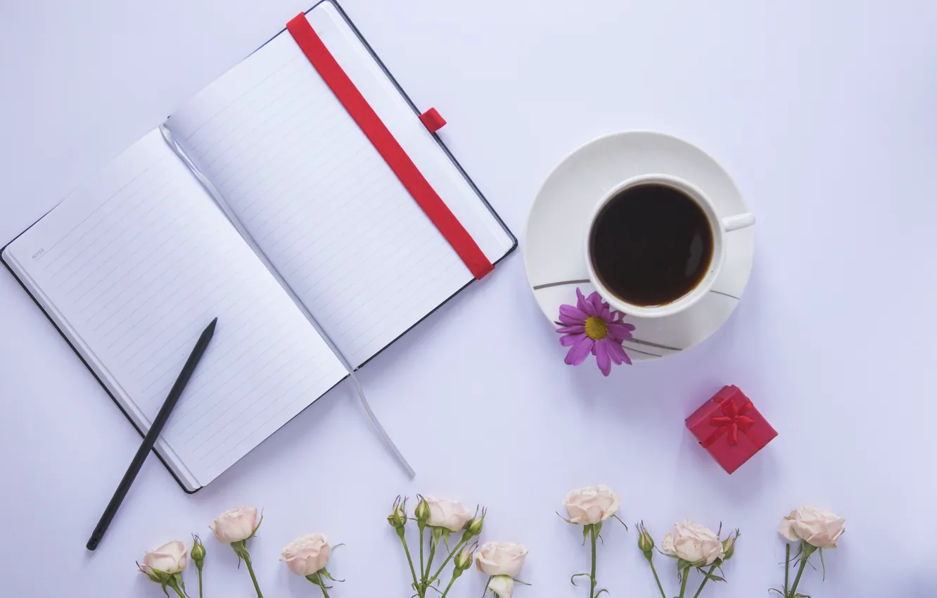 Photo wallpaper flowers, Coffee, handle, Notepad