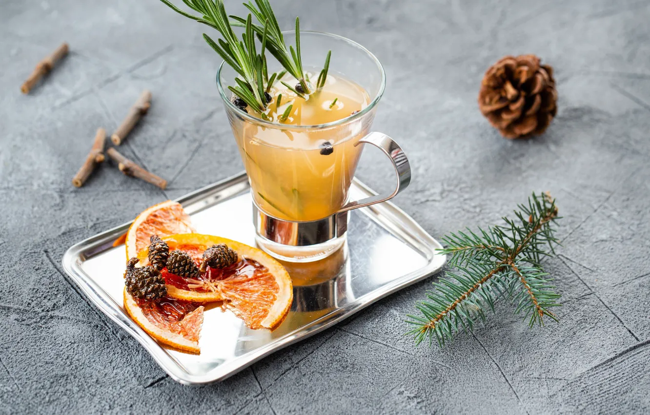 Photo wallpaper sprig, spruce, cocktail, citrus