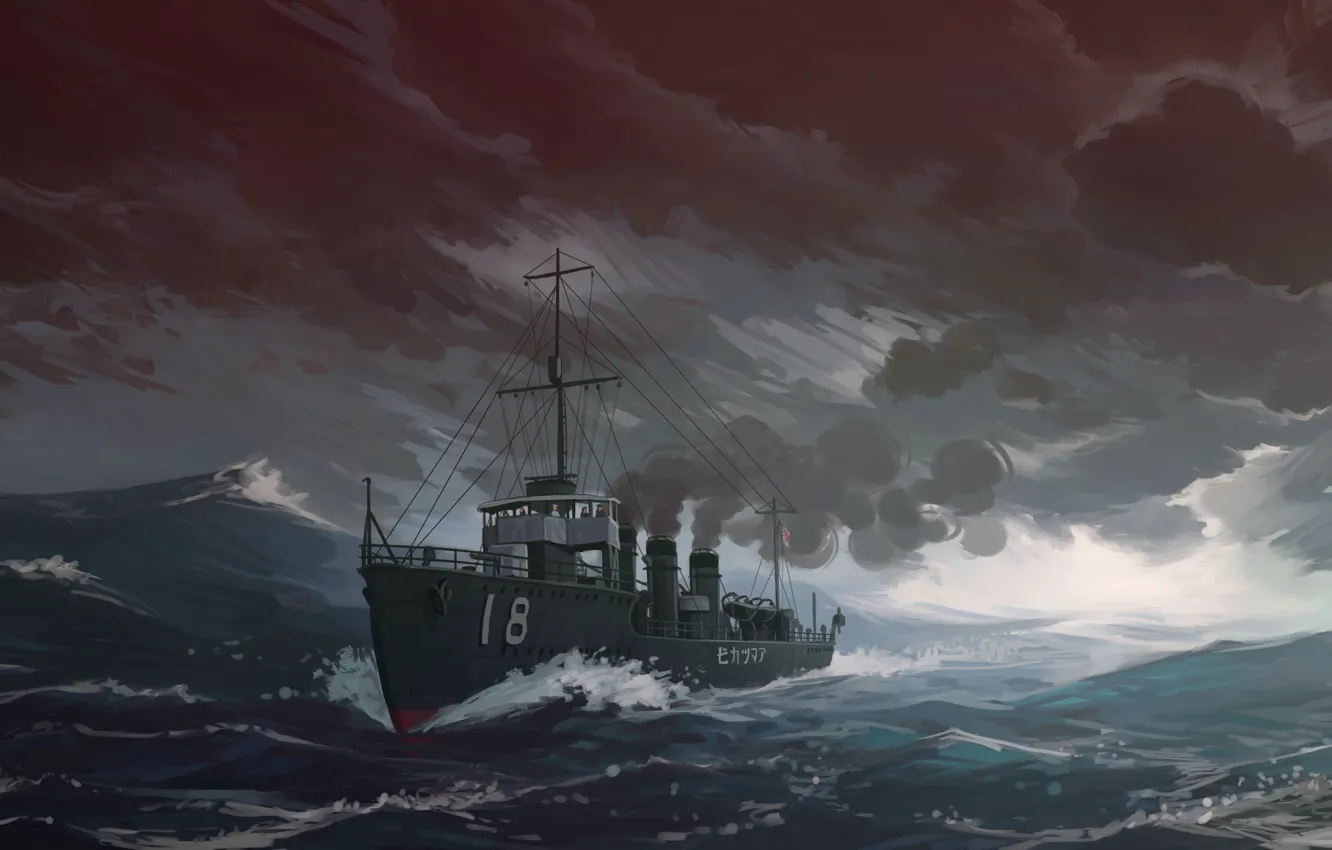 Photo wallpaper Sea, Figure, Ship, IJN destroyer Amatsukaze