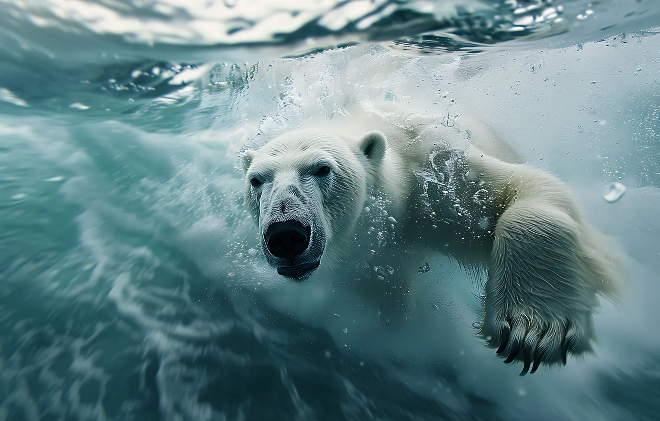 Photo wallpaper face, water, predator, paws, bear, polar bear, digital art, AI art