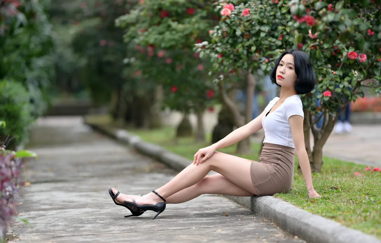 Photo wallpaper pose, lawn, model, skirt, portrait, makeup, Mike, figure