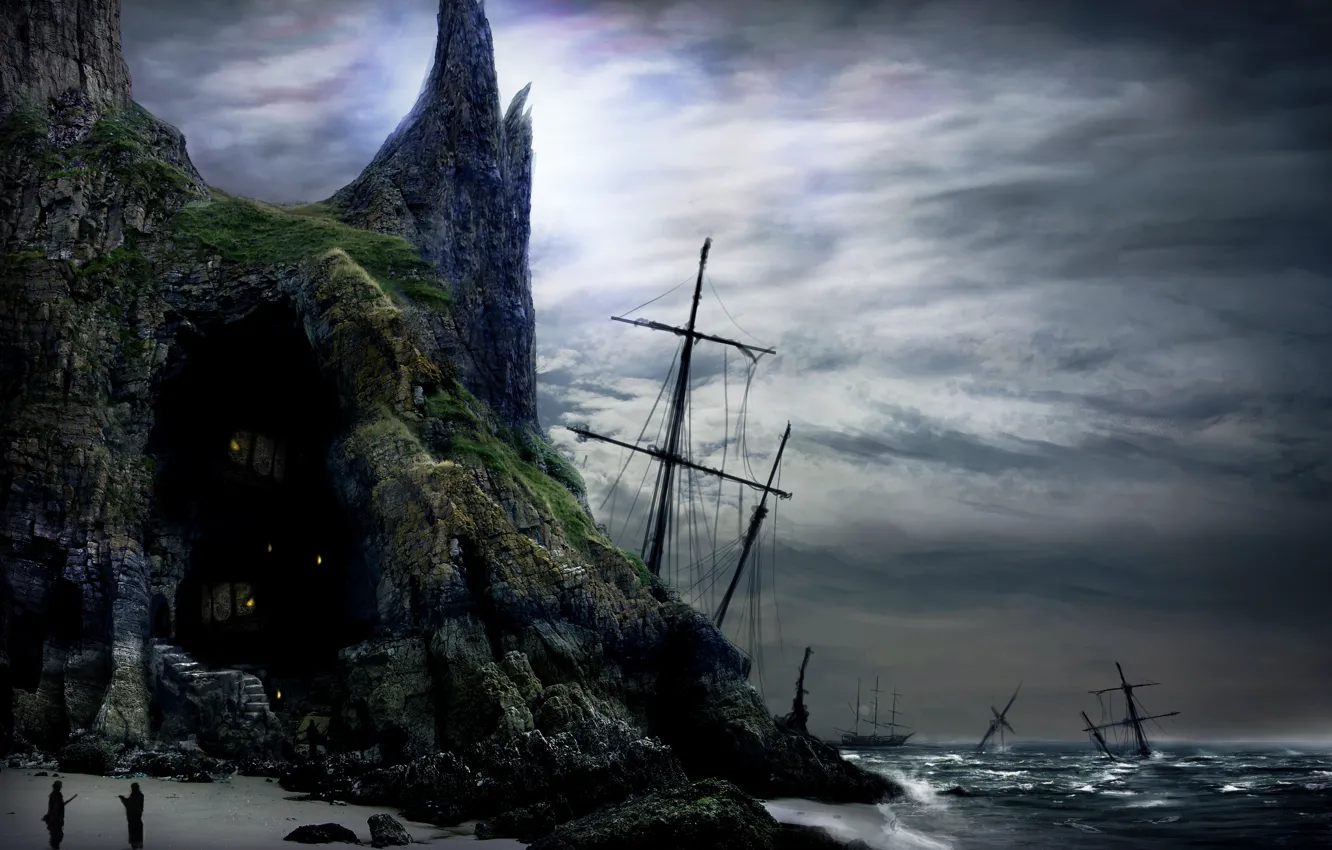 Photo wallpaper sea, lights, rocks, people, ship, the crash, cave, asylum