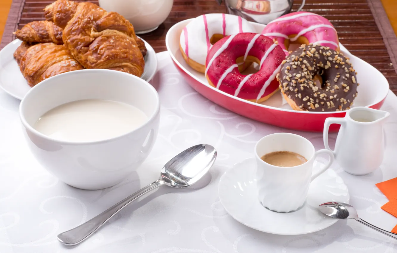 Photo wallpaper coffee, food, milk, spoon, Cup, still life, cakes, croissant