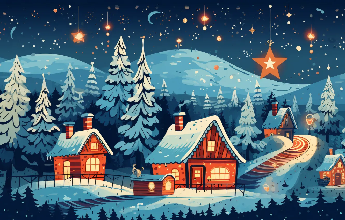 Photo wallpaper winter, snow, holiday, graphics, tree, new year, home, Christmas