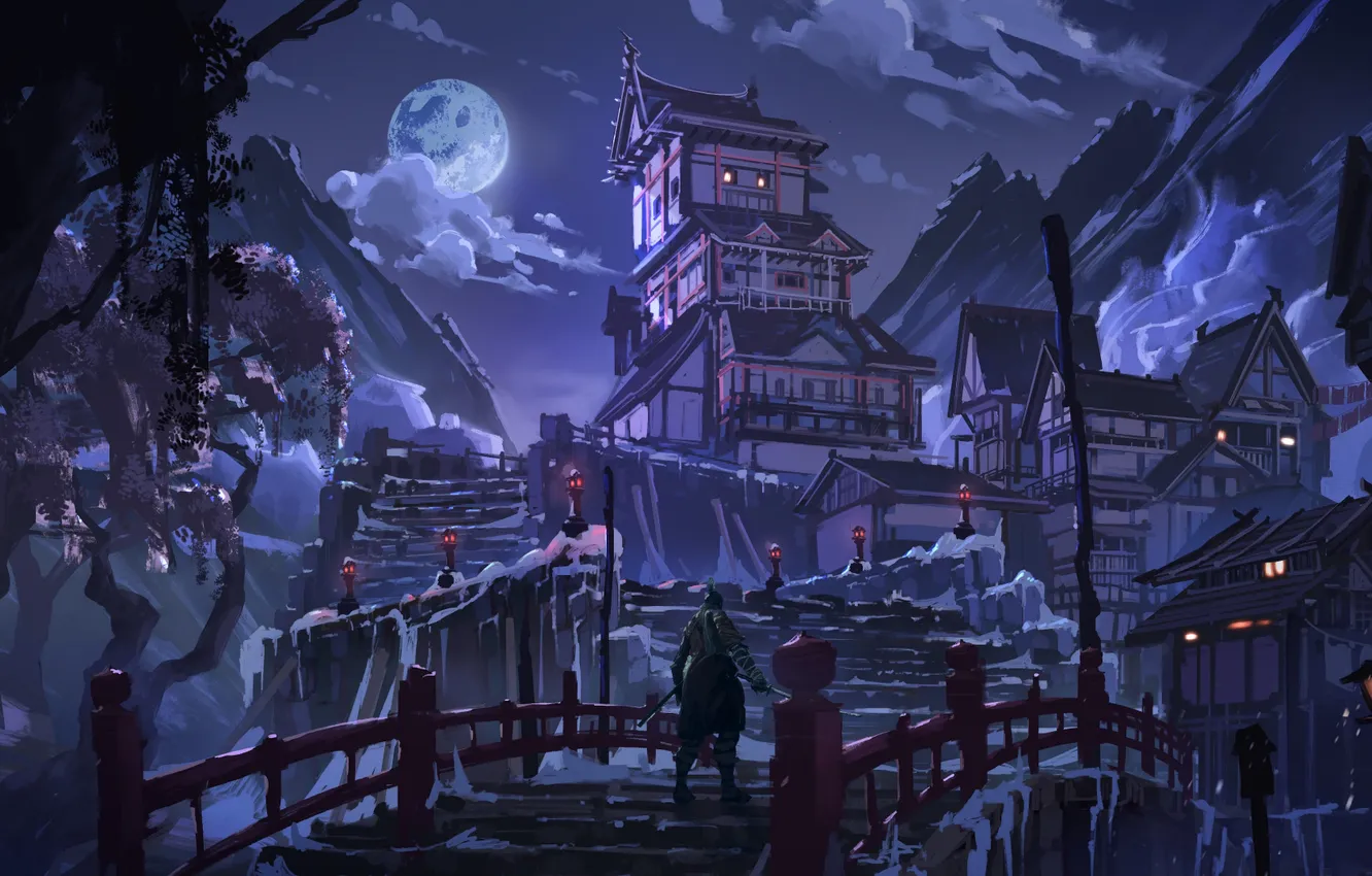 Photo wallpaper night, people, houses, oriental style