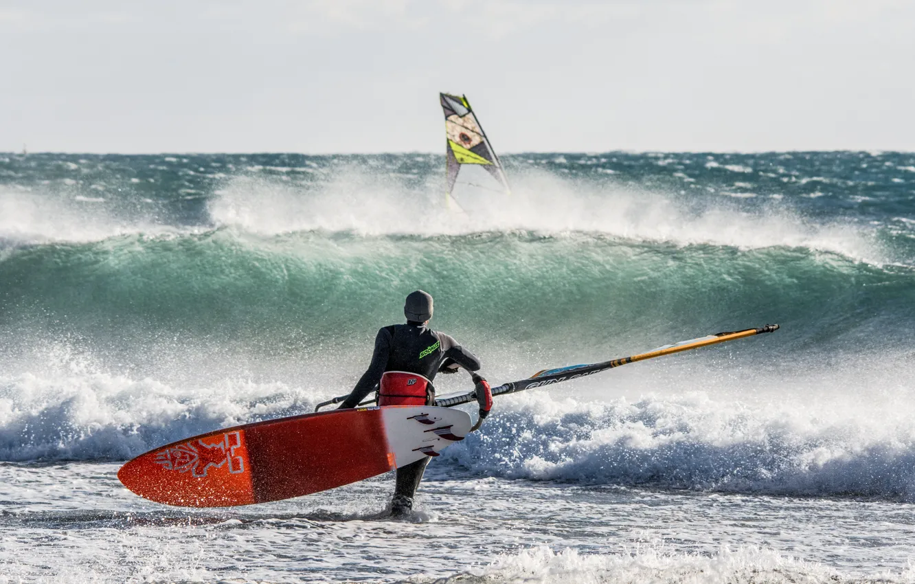 Photo wallpaper sea, wave, the wind, Board, sail, Windsurfing