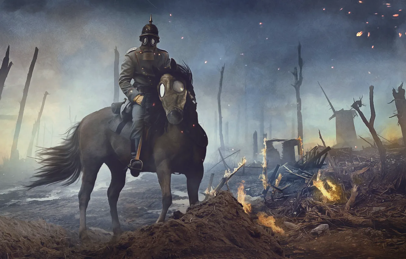 Photo wallpaper Horse, Fire, Gas mask, WWI, Trooper, The first World war