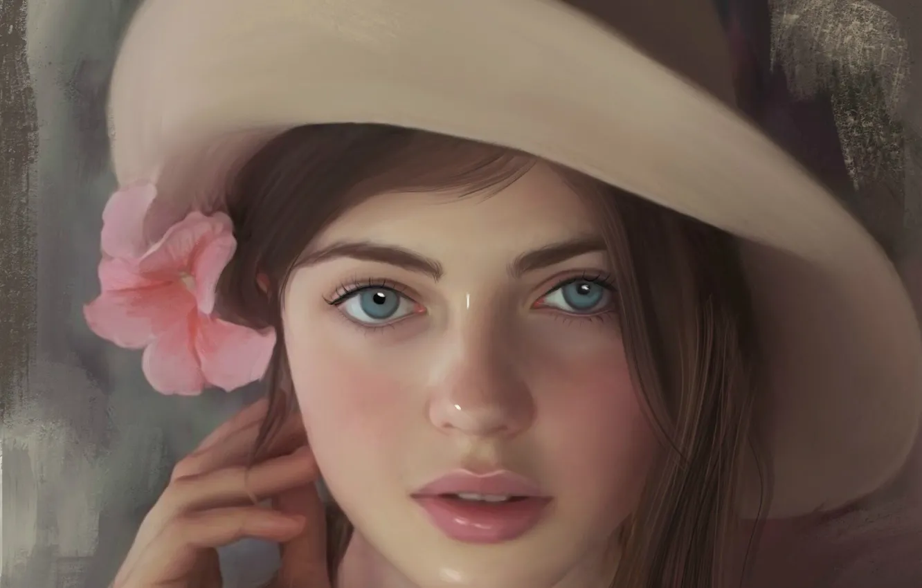 Photo wallpaper face, hand, blue eyes, in the hat, flower in hair, portrait of a girl