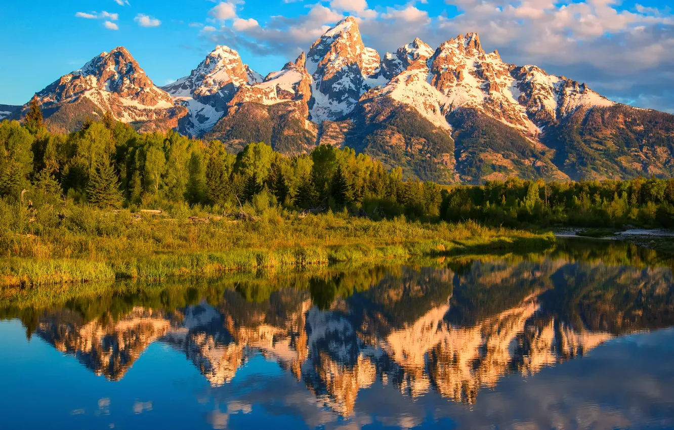 Photo wallpaper forest, summer, the sky, water, clouds, mountains, reflection, USA