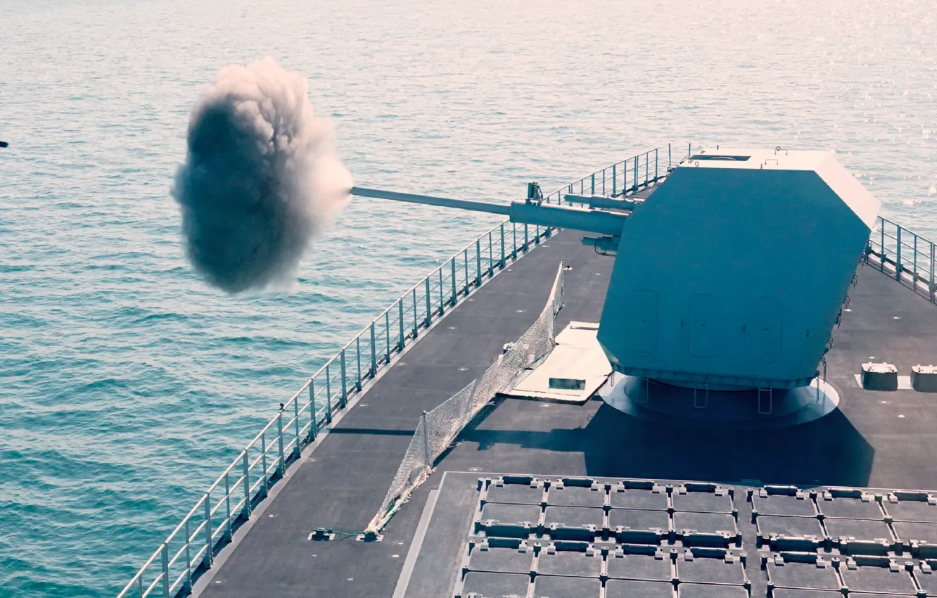 Photo wallpaper ship, shooting, exercises, gun mount
