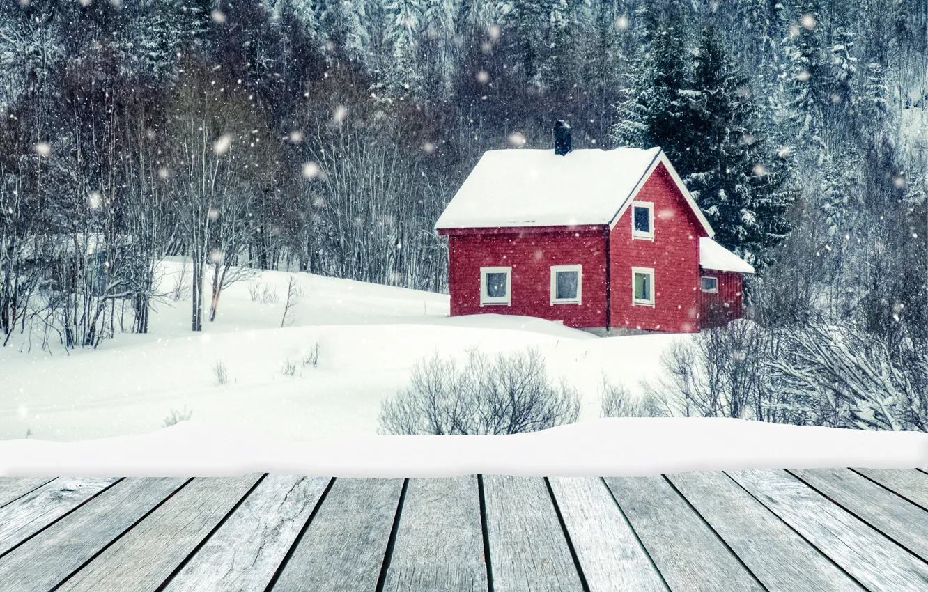 Photo wallpaper winter, snow, trees, landscape, river, tree, house, house