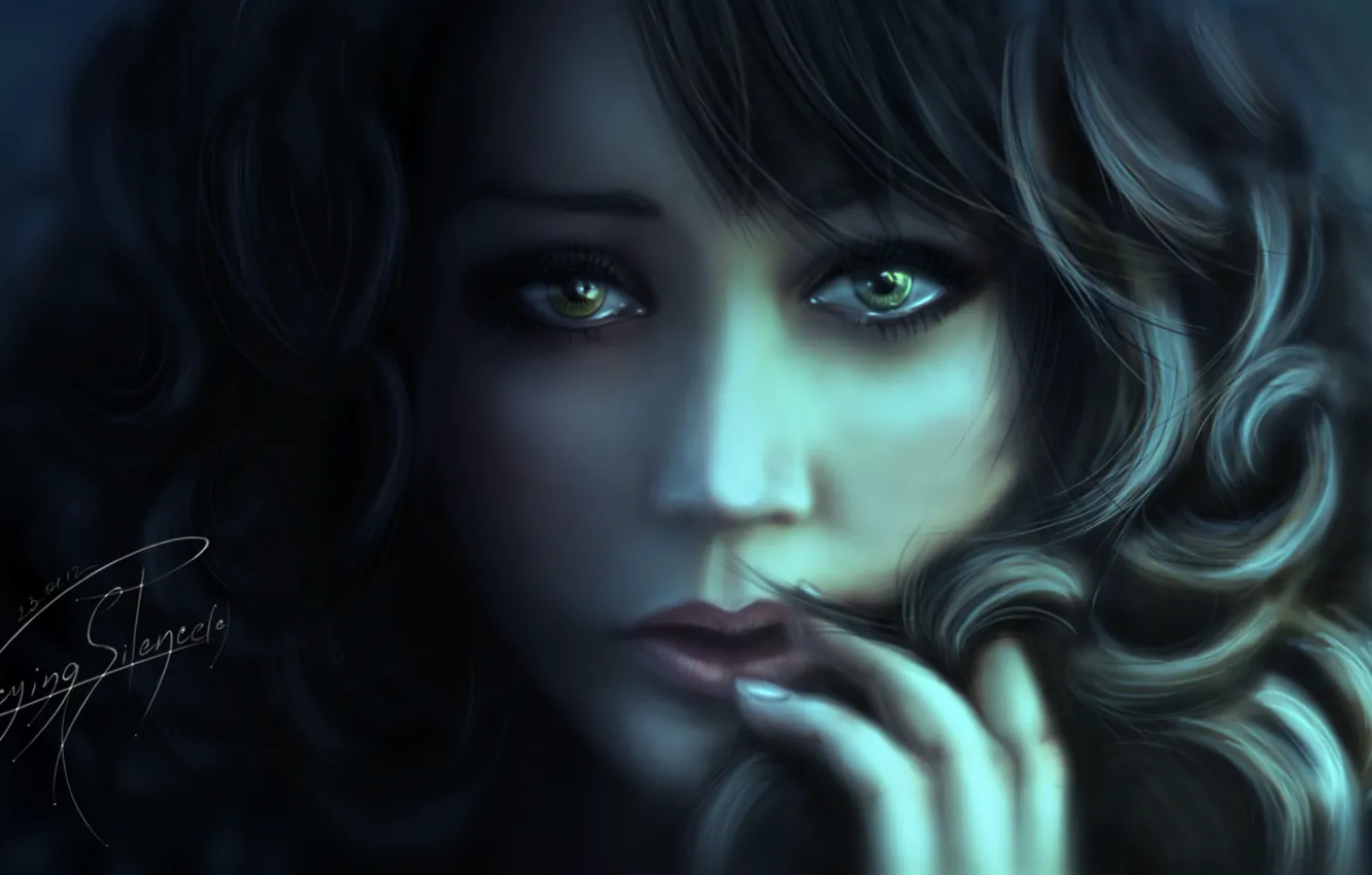 Photo wallpaper look, girl, hair, hands, art, beautiful, curls, green eyes