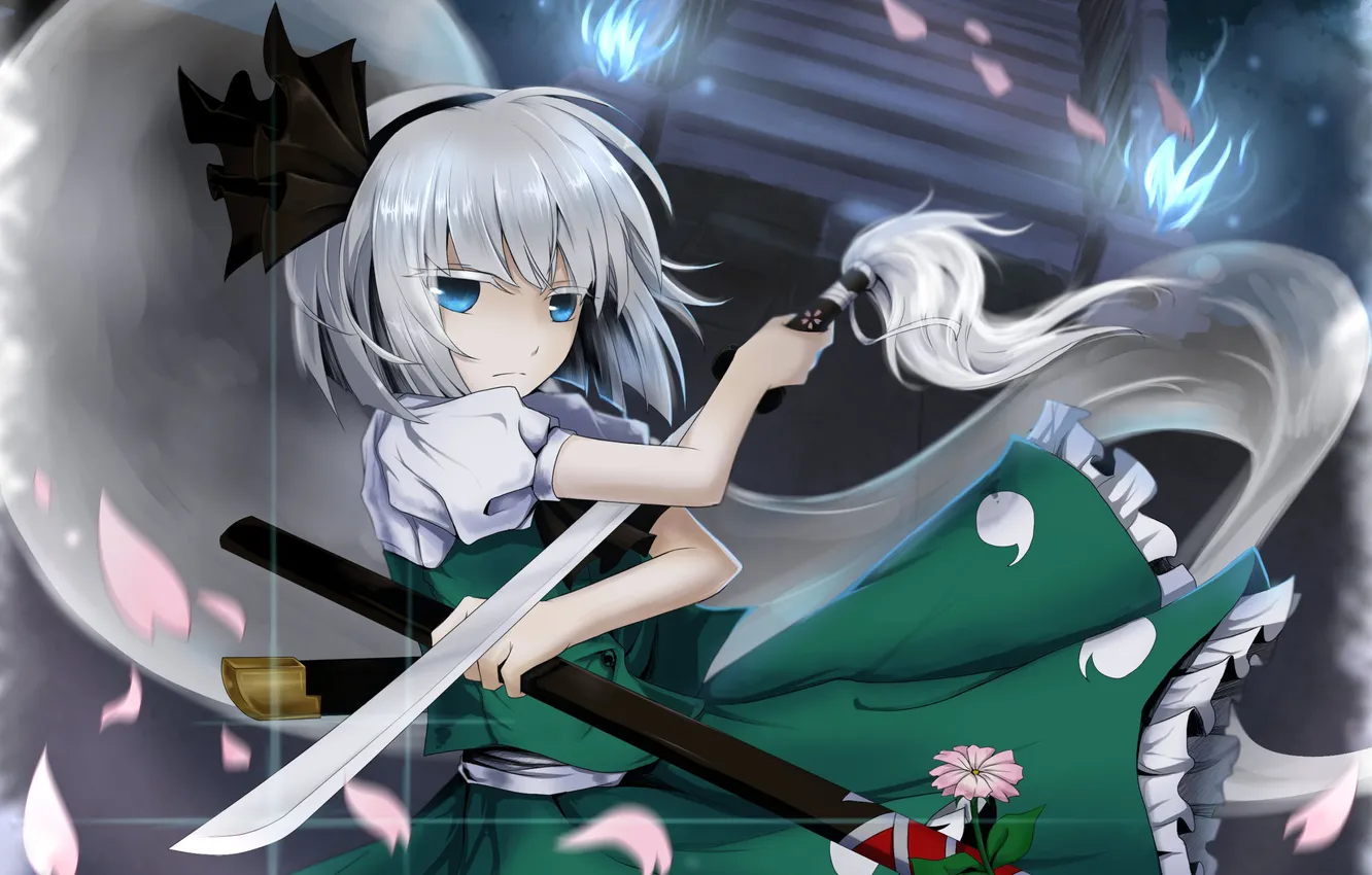 Photo wallpaper girl, flowers, sword, petals, art, touhou, sheath, konpaku youmu