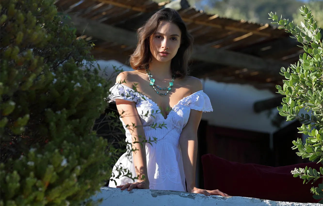 Photo wallpaper cleavage, model, brunette, gorgeous, posing, white dress, beautiful face, outdoors