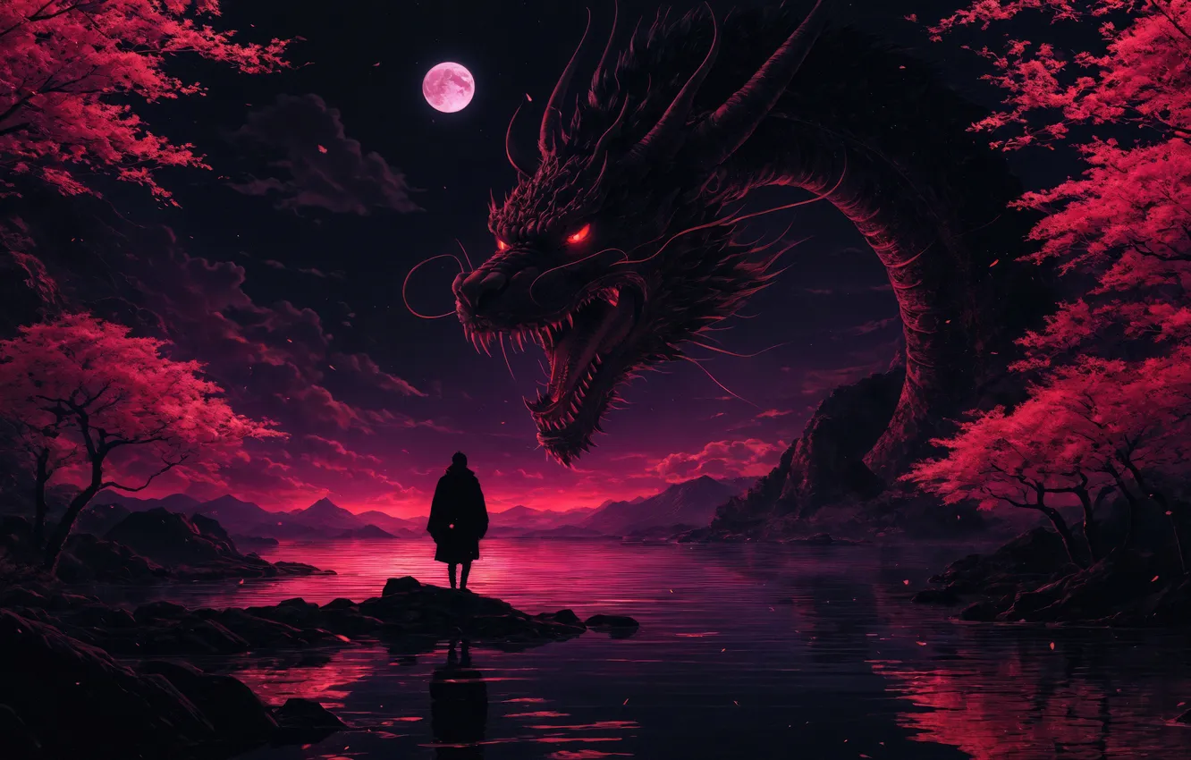 Photo wallpaper fantasy, man, dragon