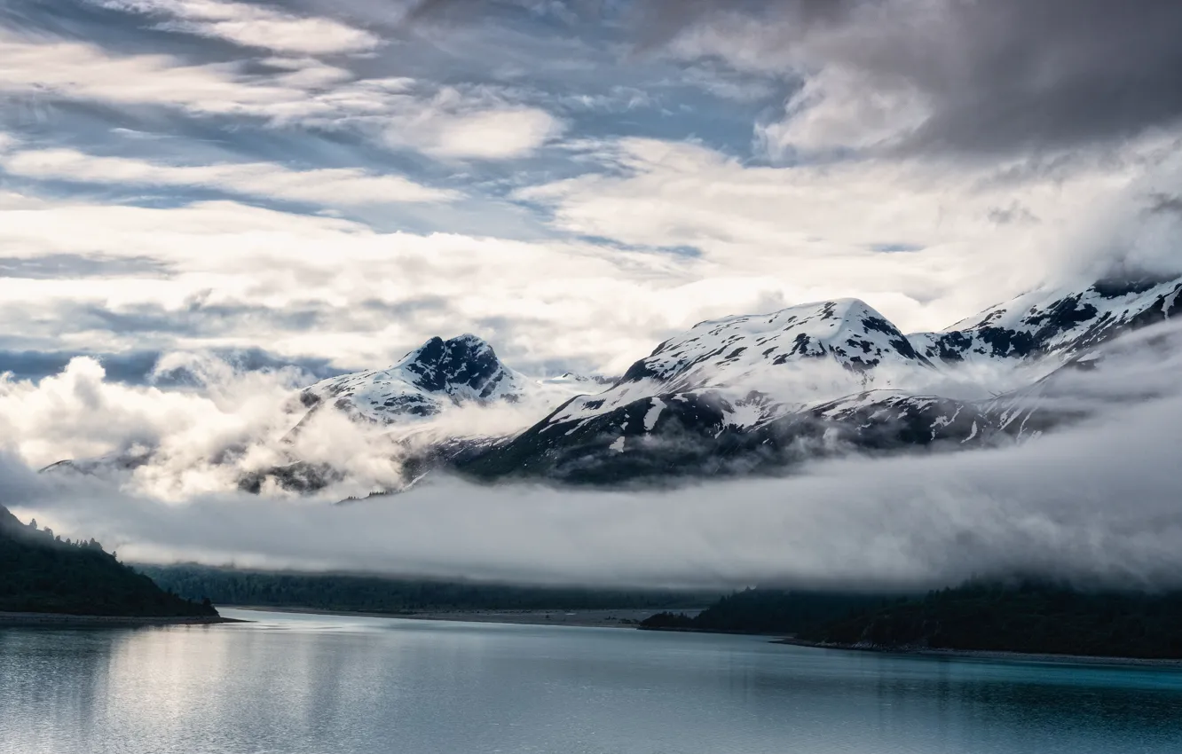 Photo wallpaper winter, clouds, snow, mountains, tops