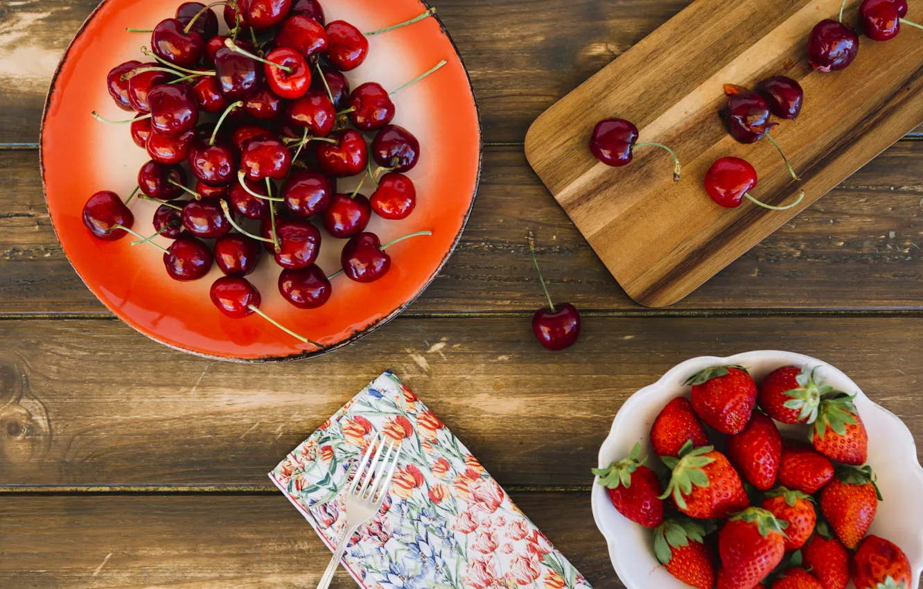 Photo wallpaper berries, strawberry, fresh, wood, cherry, ripe, cherry, strawberry