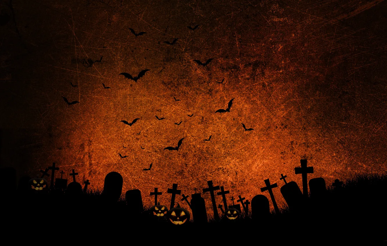 Photo wallpaper night, graves, cemetery, Halloween, pumpkin, Halloween, bats