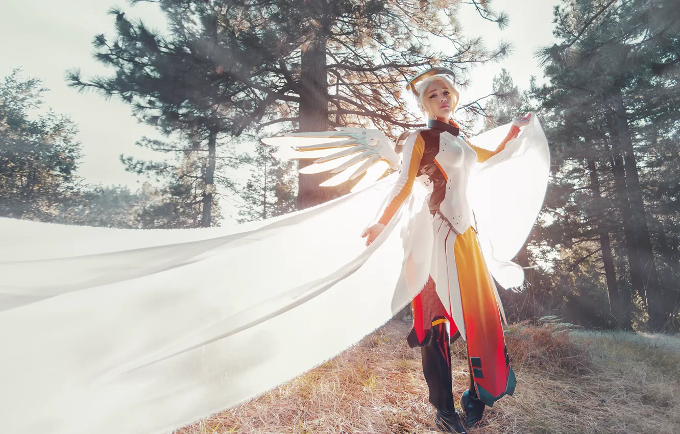 Photo wallpaper girl, lights, cosplay, white fabric, Overwatch