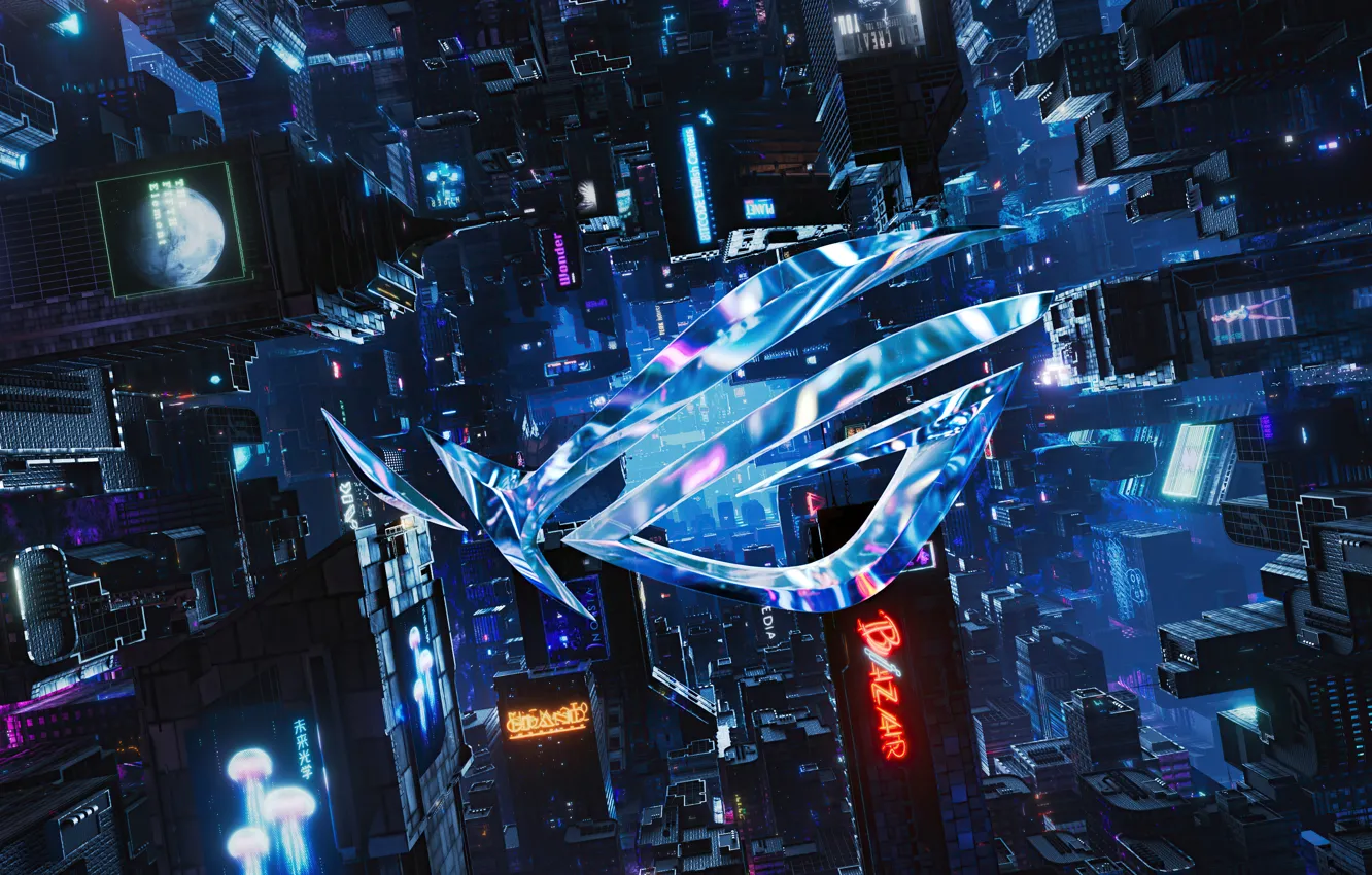 Photo wallpaper the city, logo, neon, high-tech, logo, brand, digital art, asus