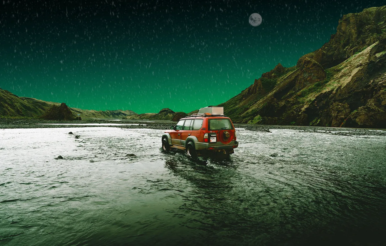 Photo wallpaper machine, auto, water, mountains, nature, rendering, the moon, jeep