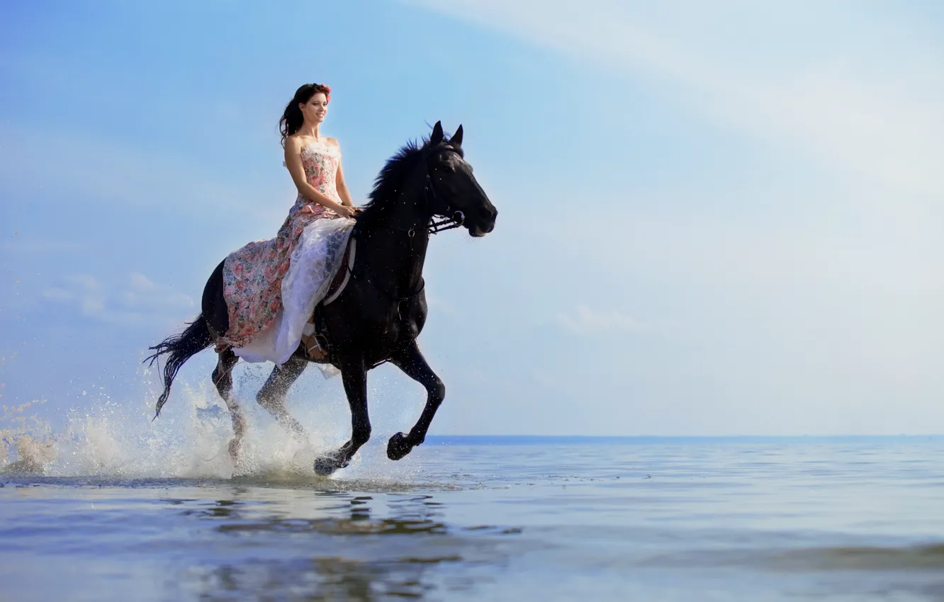 Photo wallpaper sea, freedom, girl, squirt, smile, horse, brown hair