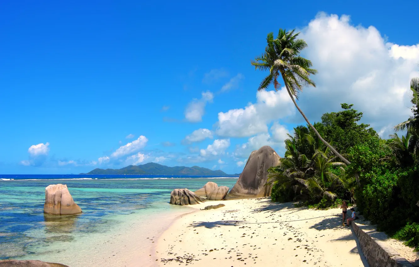 Photo wallpaper sea, beach, tropics, palm trees, stay, island, Seychelles