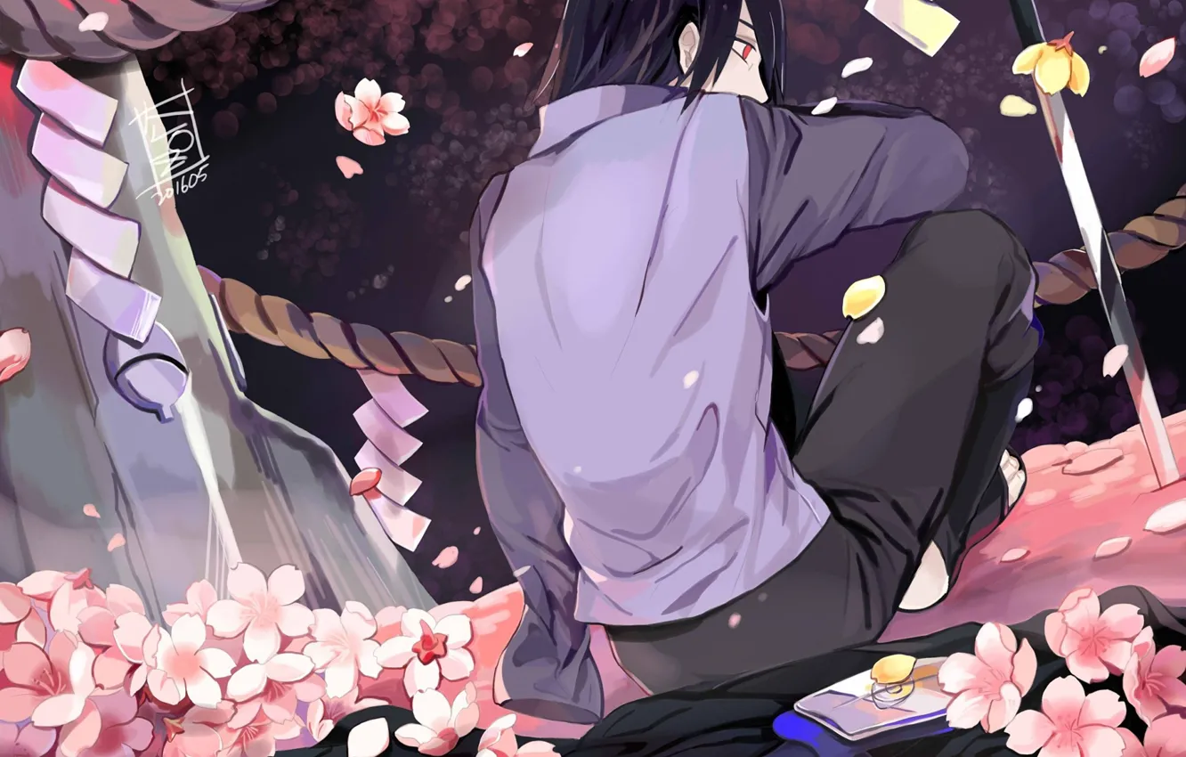 Photo wallpaper back, katana, rope, cloak, Sasuke Uchiha, Naruto Shippuden, Naruto shippuuden, the cherry blossoms