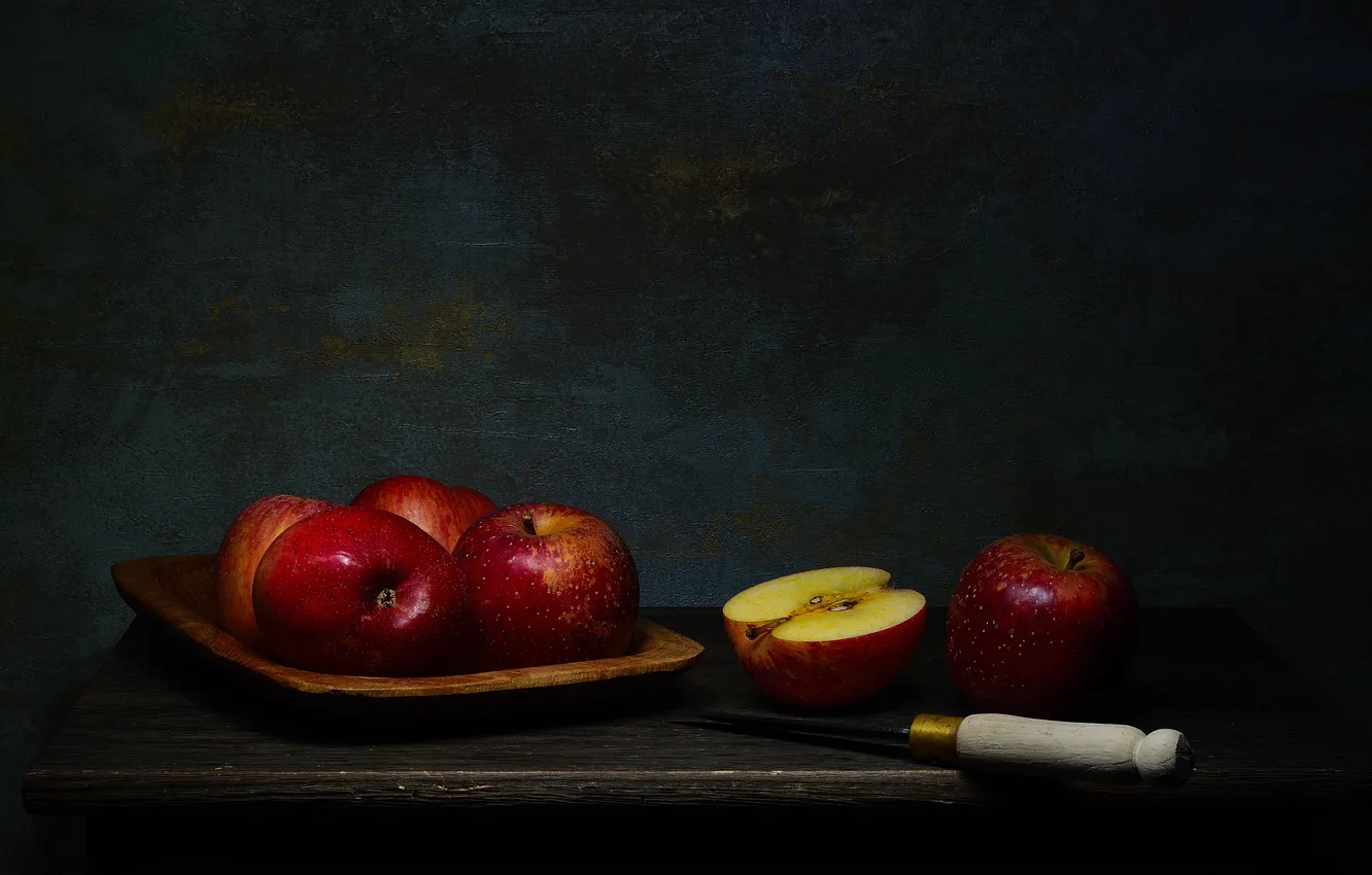 Photo wallpaper red, the dark background, table, apples, knife, fruit, still life