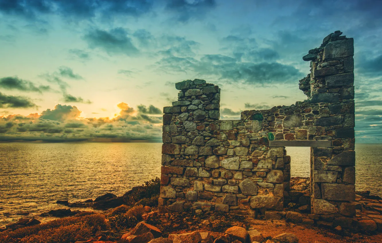 Photo wallpaper the sky, clouds, sunset, lake, the ruins