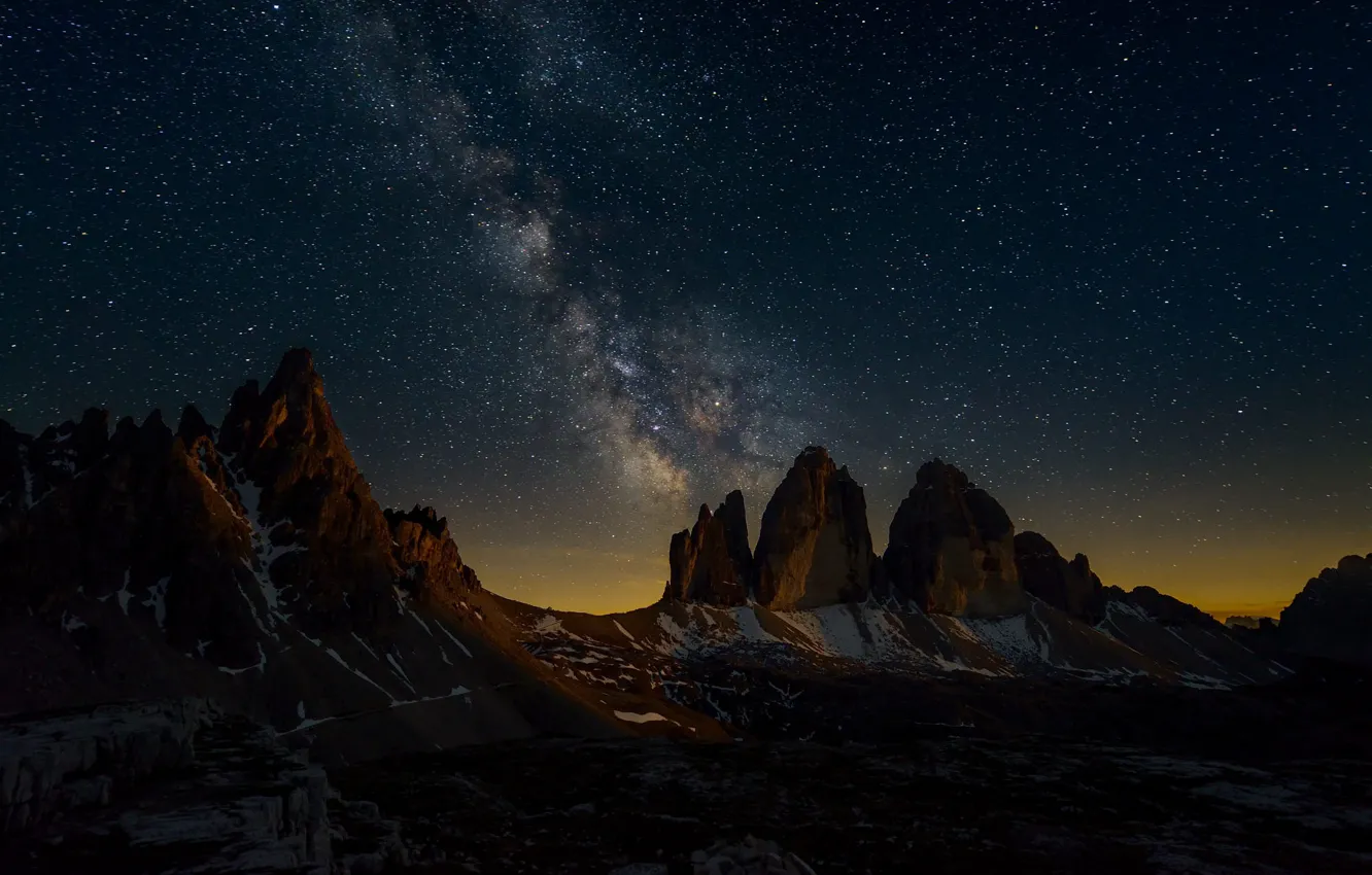 Photo wallpaper stars, snow, mountains, night, darkness, rocks, tops, slope