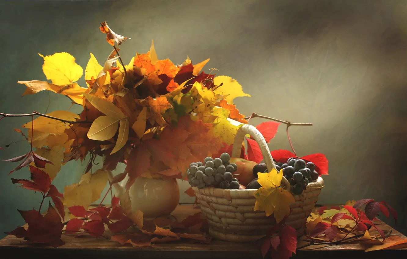 Photo wallpaper autumn, leaves, apples, grapes, still life