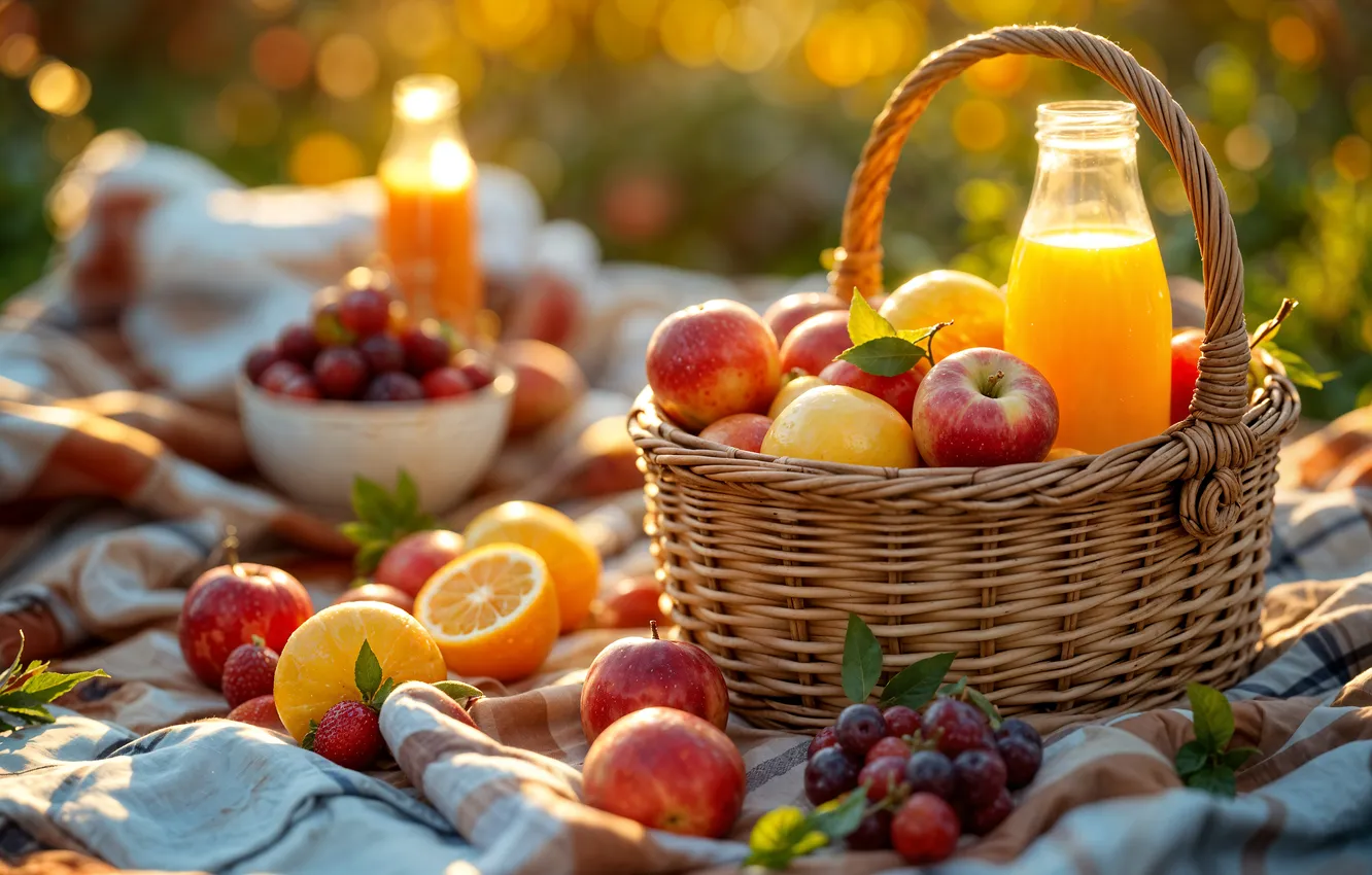 Photo wallpaper summer, berries, stay, basket, juice, summer, fruit, picnic