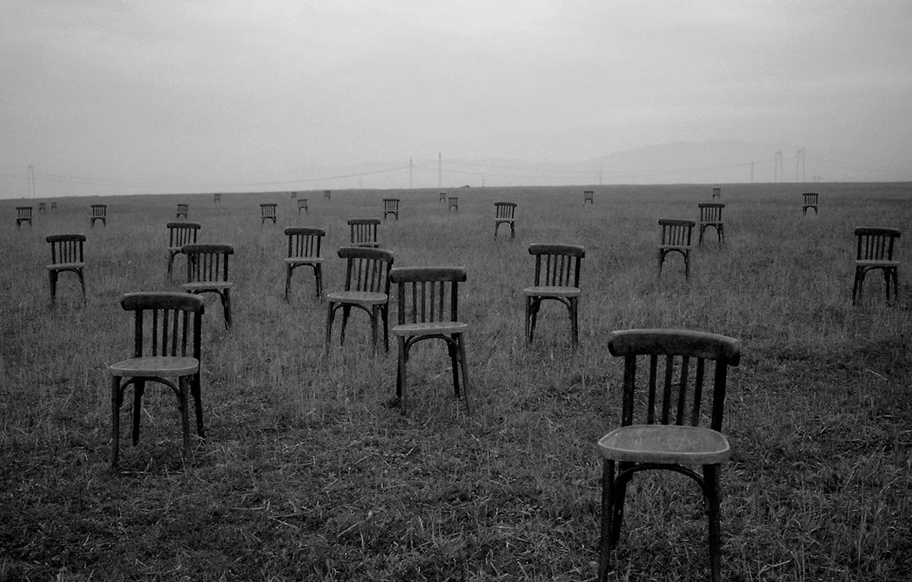Photo wallpaper field, loneliness, photo, chairs