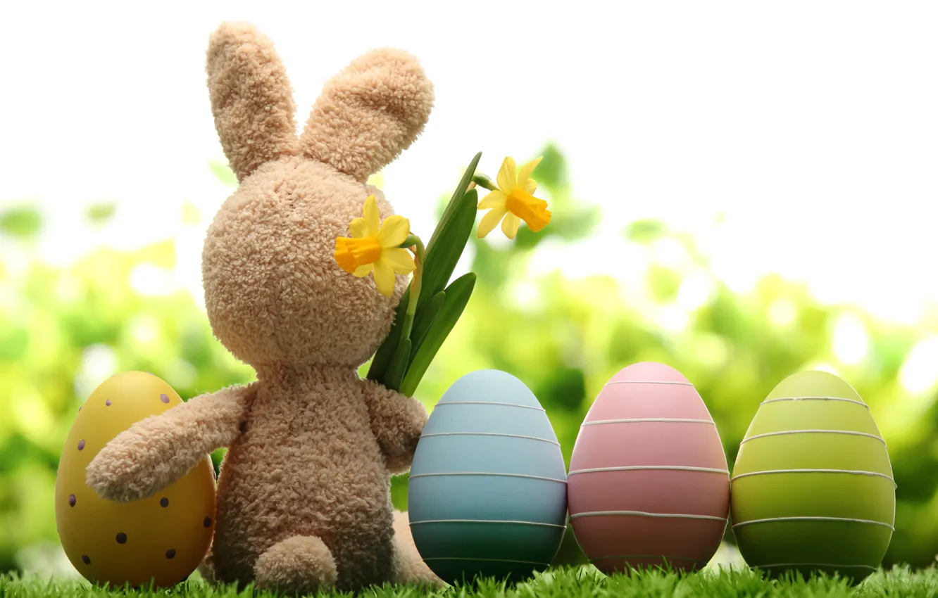 Photo wallpaper grass, flowers, nature, holiday, toy, hare, eggs, spring