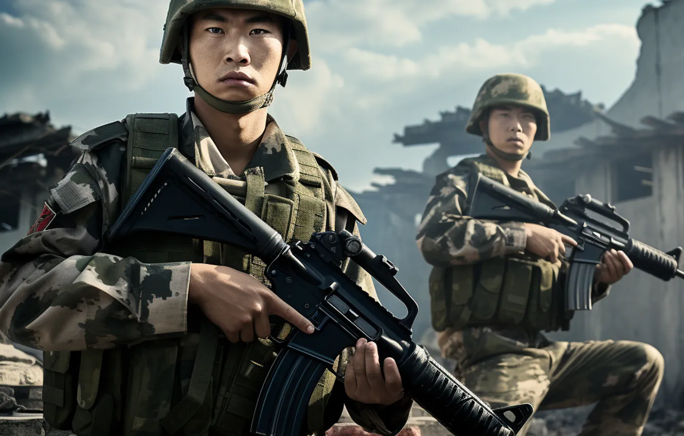 Photo wallpaper look, soldiers, machine, male, two, equipment, helmet, Asian