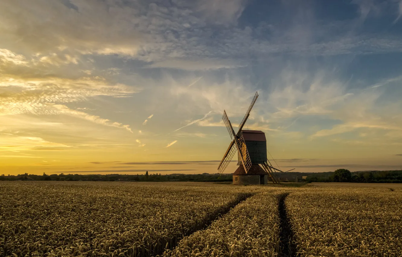 Photo wallpaper field, England, windmill, Stevington