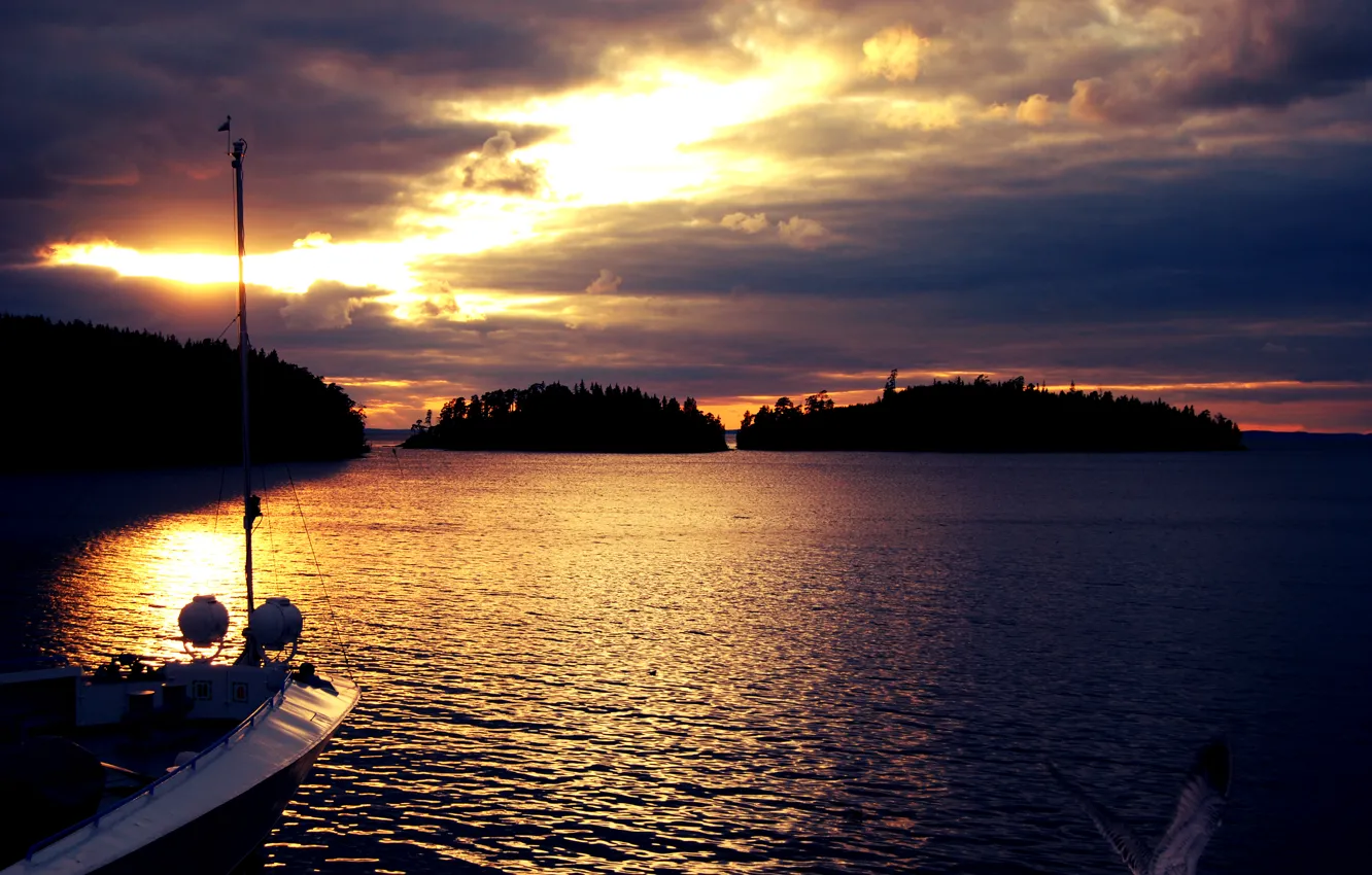 Photo wallpaper sea, the sky, water, the sun, clouds, landscape, sunset, boat