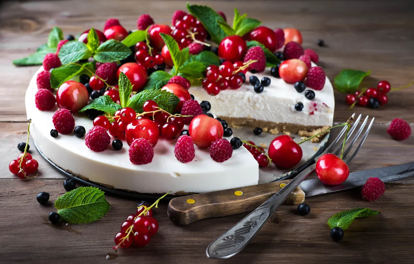 Photo wallpaper cherry, raspberry, cake, cheesecake