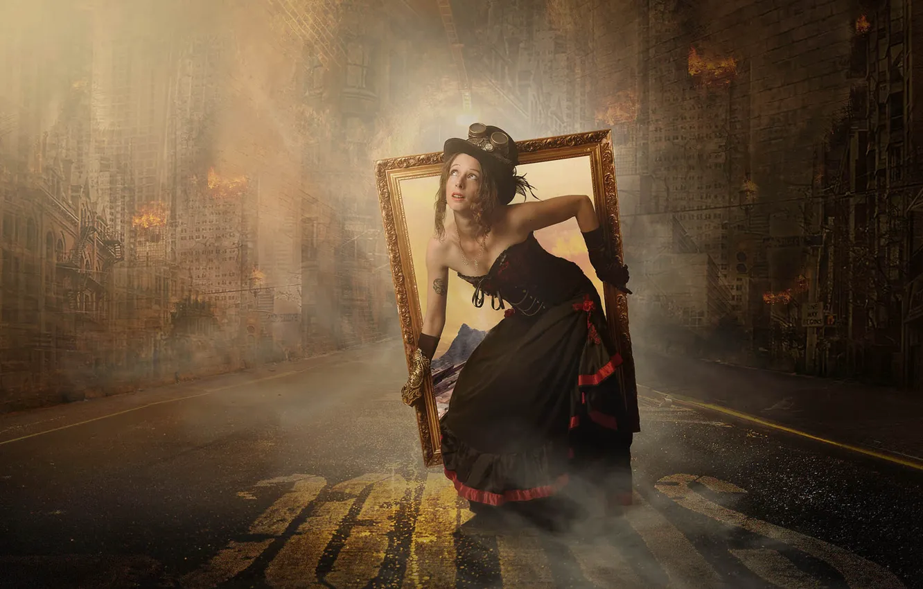 Photo wallpaper road, look, girl, the city, the portal, mirror, costume, Tracy Lundgren