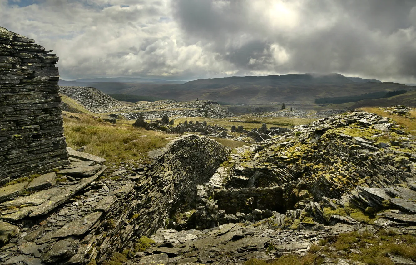 Photo wallpaper clouds, mountains, stones, Wales